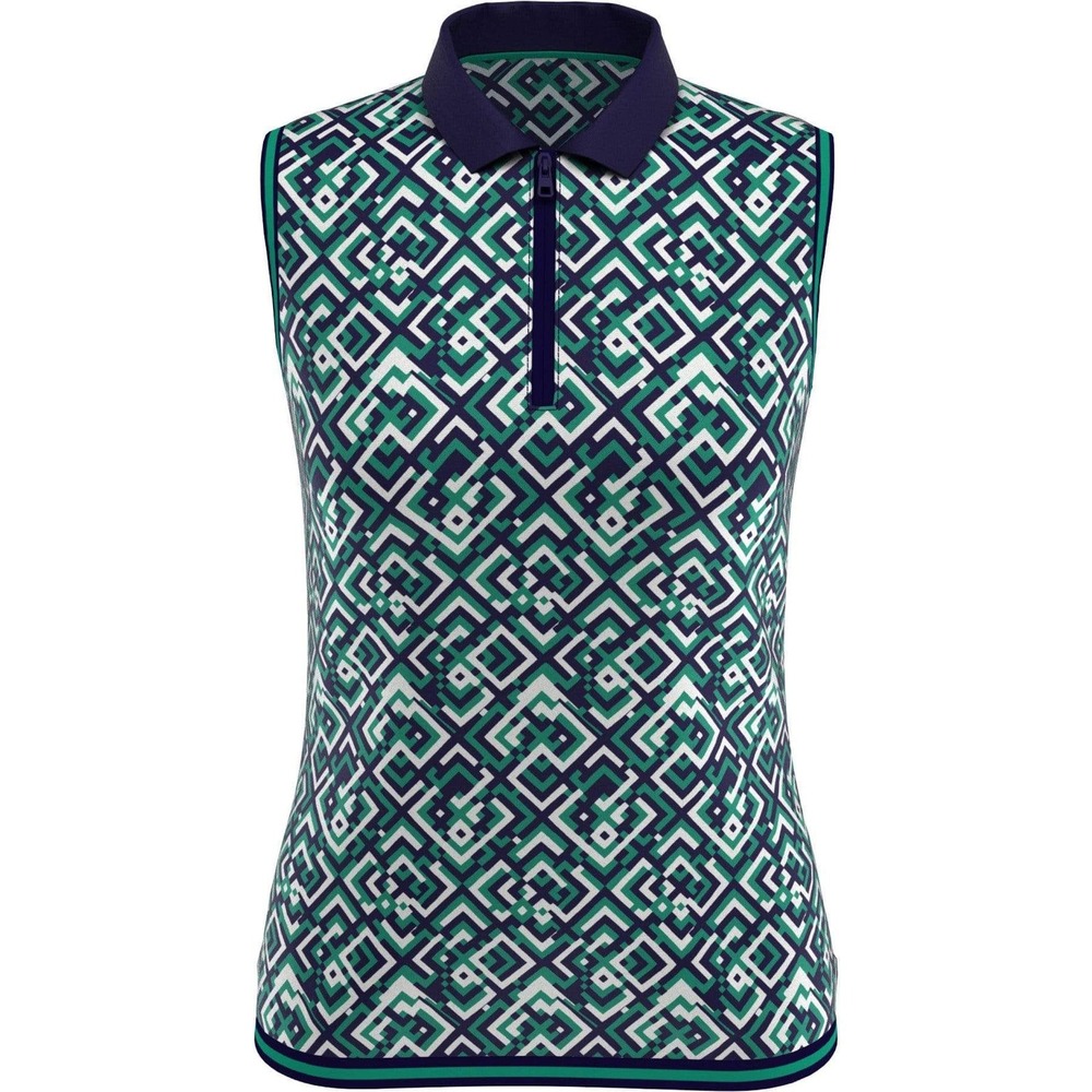 Callaway Womens Opti-Dri Sleeveless Golf Polo Green Navy Geometric Maze Print M